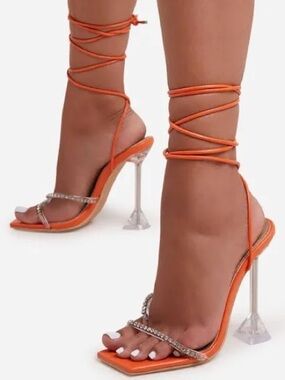 EGO Orange Strappy Rhinestone Lace-Up Stiletto Sandals Size 8